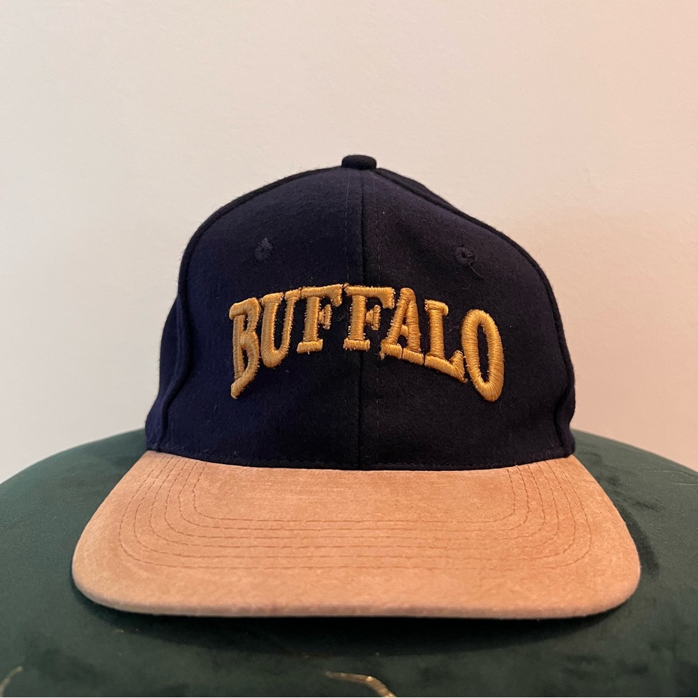 Vintage 90s Buffalo NY Hat Black Beige Strapback